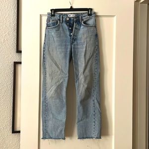 Zara high rise raw hem light wash straight leg jeans
